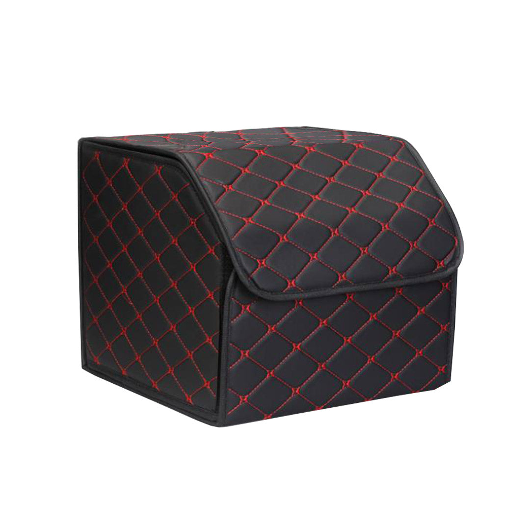 Premium 4X Leather Car Boot Collapsible Foldable Trunk Cargo Organizer Portable Storage Box Black/Red Stitch Small - image3