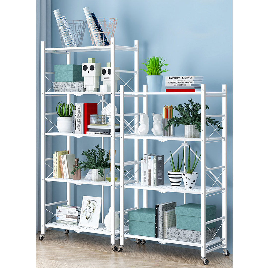 Premium 4 Tier Steel White Foldable Display Stand Multi-Functional Shelves Portable Storage Organizer with Wheels - image3