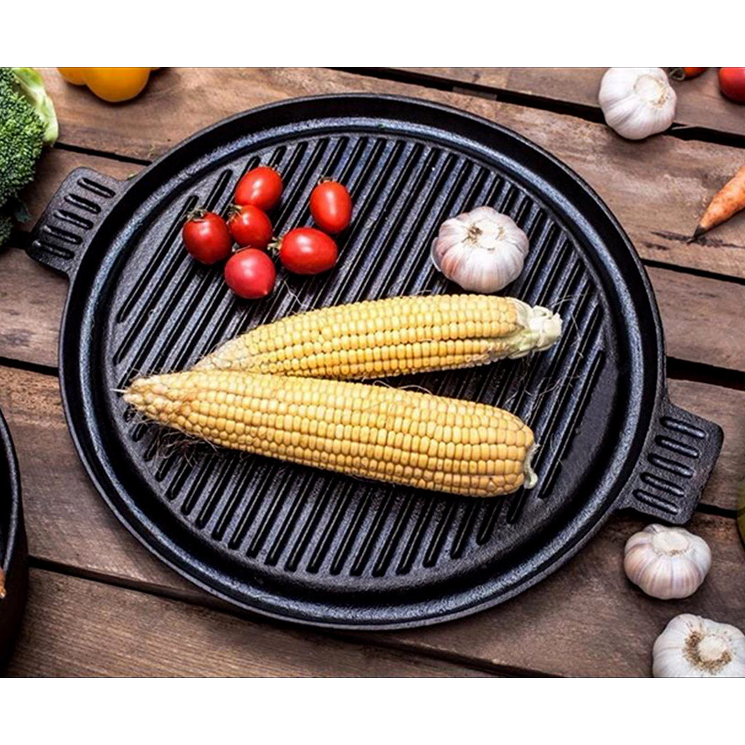 Premium 2X 43cm Round Ribbed Cast Iron Frying Pan Skillet Steak Sizzle Platter with Handle - image3