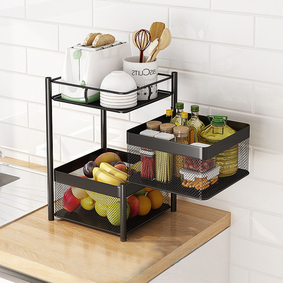 Premium 2X 2 Tier Steel Square Rotating Kitchen Cart Multi-Functional Shelves Portable Storage Organizer with Wheels - image3