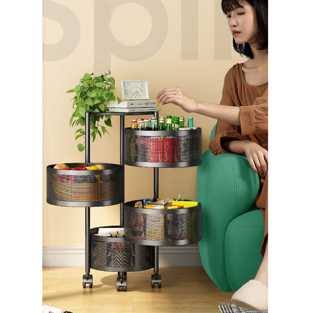 Premium 2X 4 Tier Steel Round Rotating Kitchen Cart Multi-Functional Shelves Portable Storage Organizer with Wheels - image2