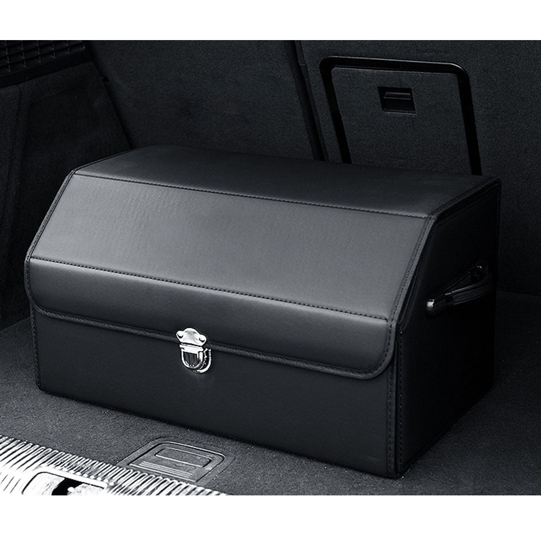 Premium Leather Car Boot Collapsible Foldable Trunk Cargo Organizer Portable Storage Box With Lock Black Medium - image4