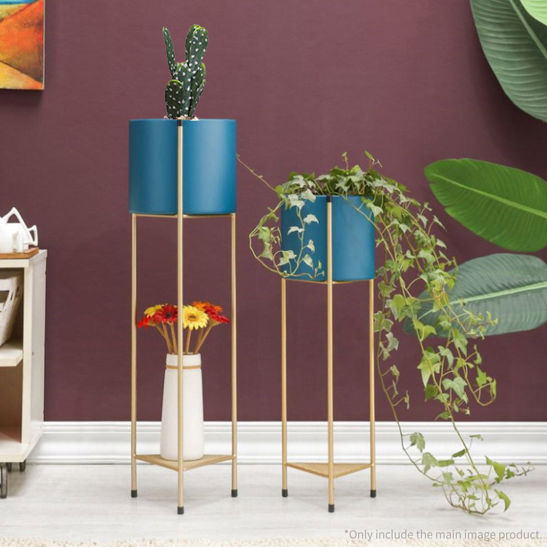 Premium 2 Layer 81cm Gold Metal Plant Stand with Blue Flower Pot Holder Corner Shelving Rack Indoor Display - image4