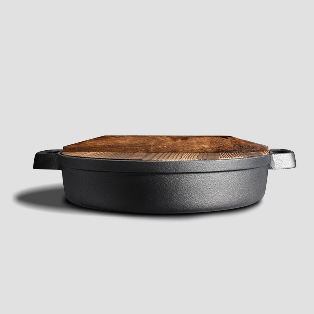 Premium 35cm Round Cast Iron Pre-seasoned Deep Baking Pizza Frying Pan Skillet with Wooden Lid - image4