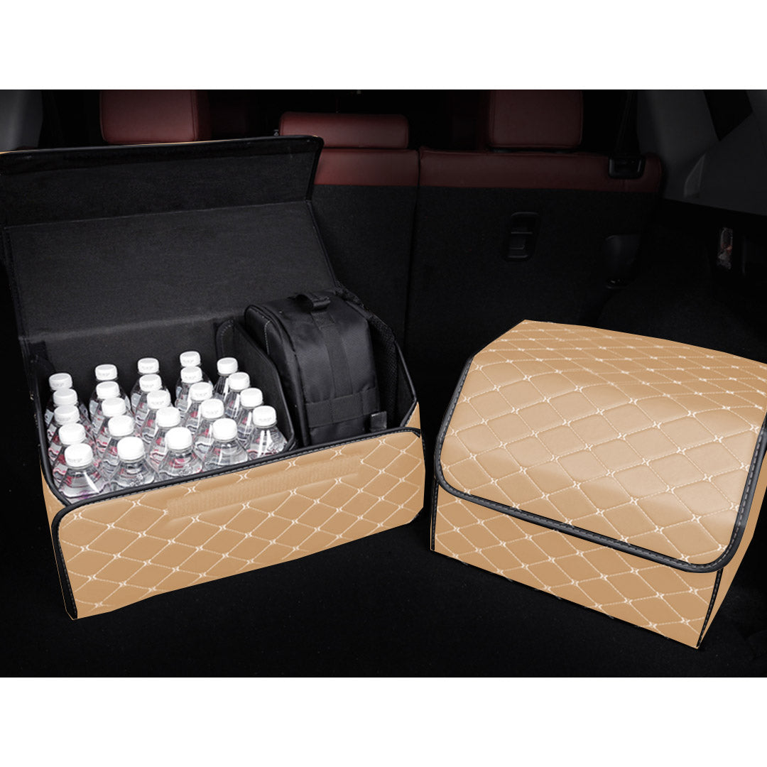 Premium Leather Car Boot Collapsible Foldable Trunk Cargo Organizer Portable Storage Box Beige/Gold Stitch Medium - image4