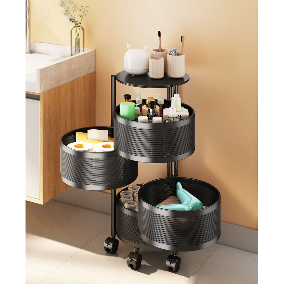 Premium 4 Tier Steel Round Rotating Kitchen Cart Multi-Functional Shelves Portable Storage Organizer with Wheels - image3