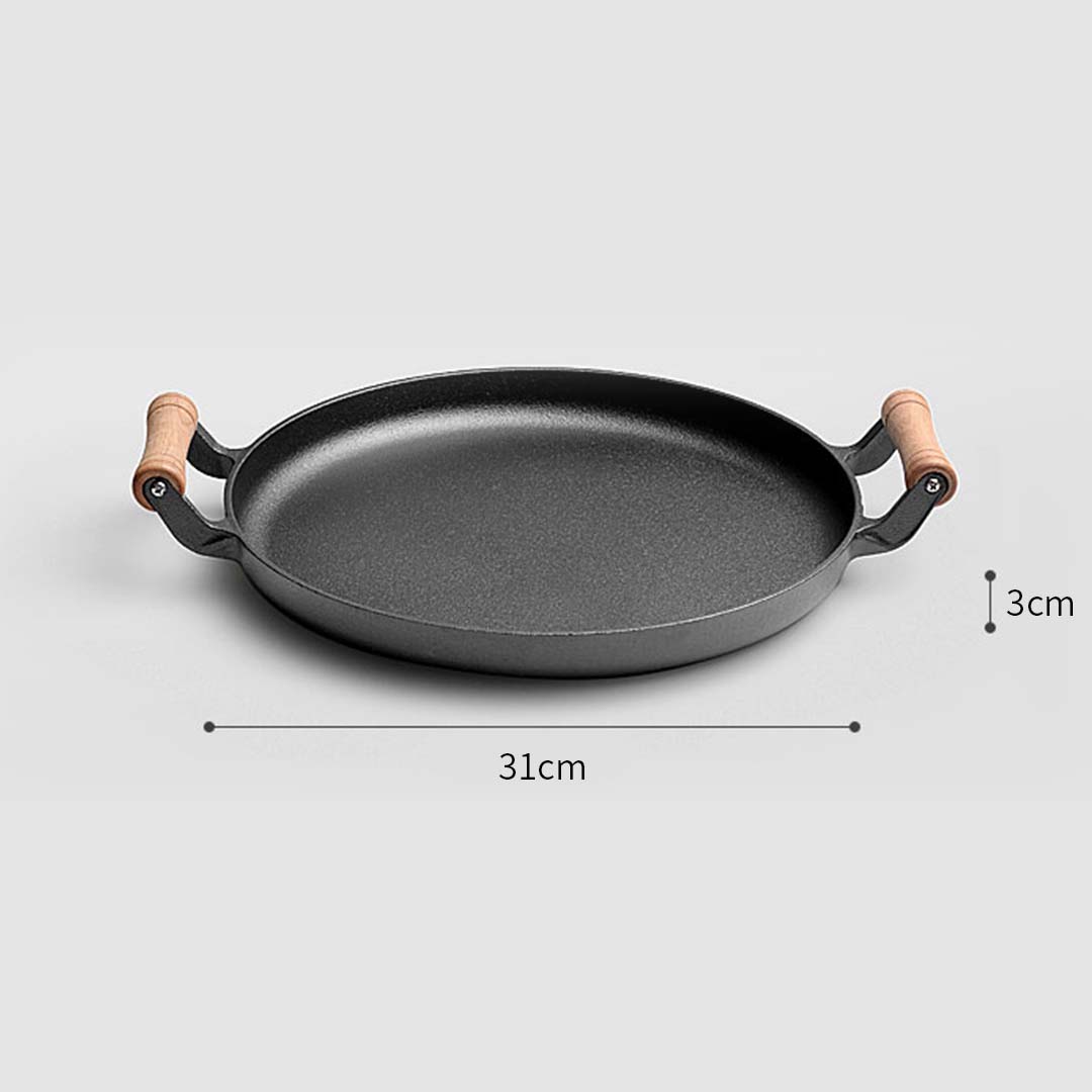 Premium 2X 31cm Cast Iron Frying Pan Skillet Steak Sizzle Fry Platter With Wooden Handle No Lid - image4