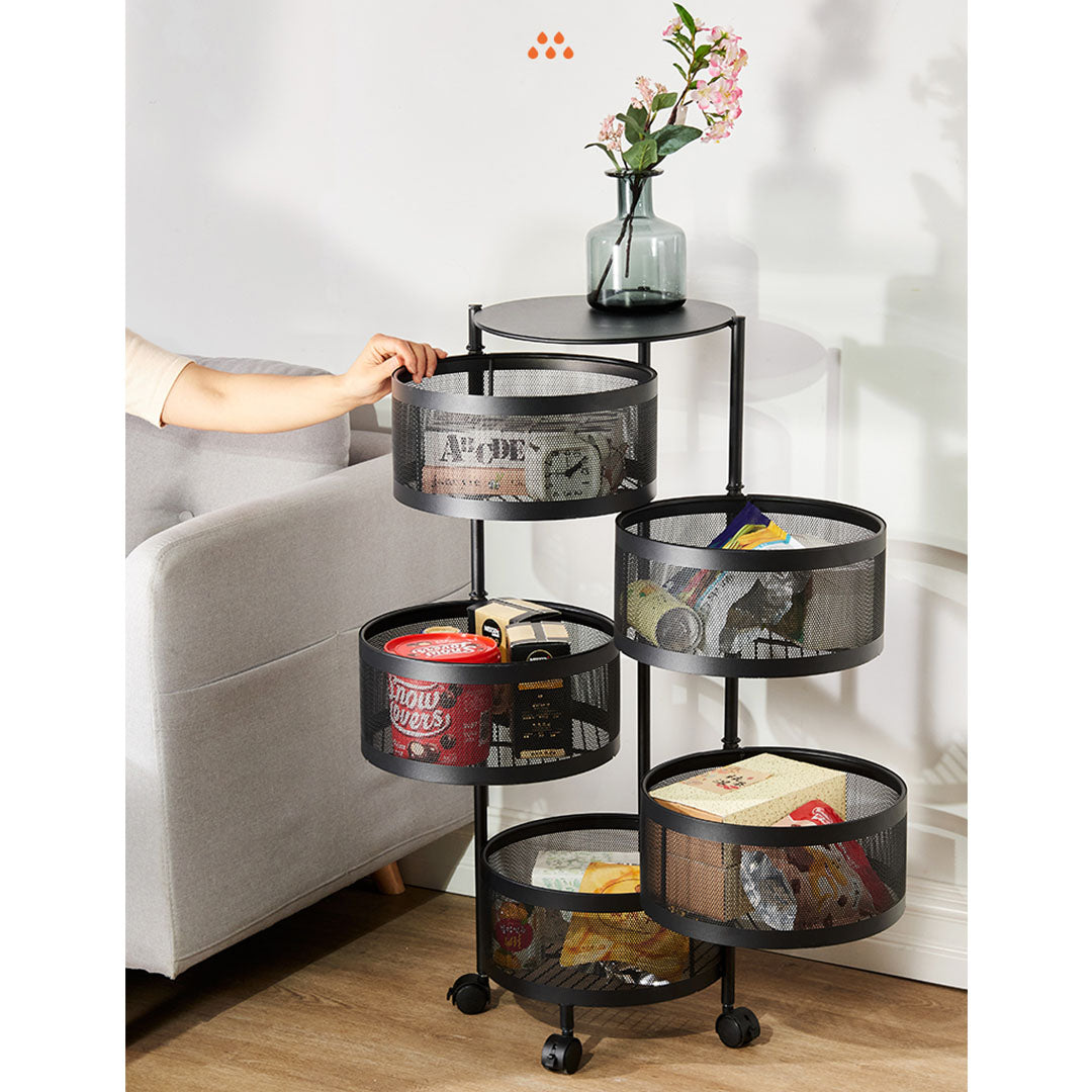 Premium 2X 5 Tier Steel Round Rotating Kitchen Cart Multi-Functional Shelves Portable Storage Organizer with Wheels - image3