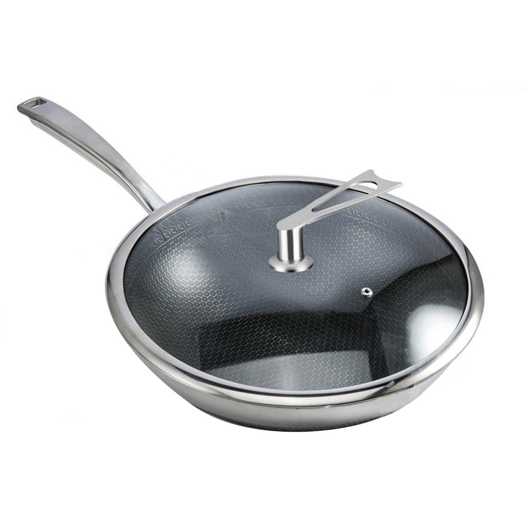 Premium 32cm Stainless Steel Tri-Ply Frying Cooking Fry Pan Textured Non Stick Interior Skillet with Glass Lid - image4