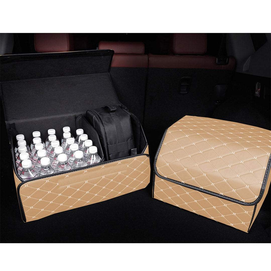 Premium 4X Leather Car Boot Collapsible Foldable Trunk Cargo Organizer Portable Storage Box Beige/Gold Stitch Large - image4