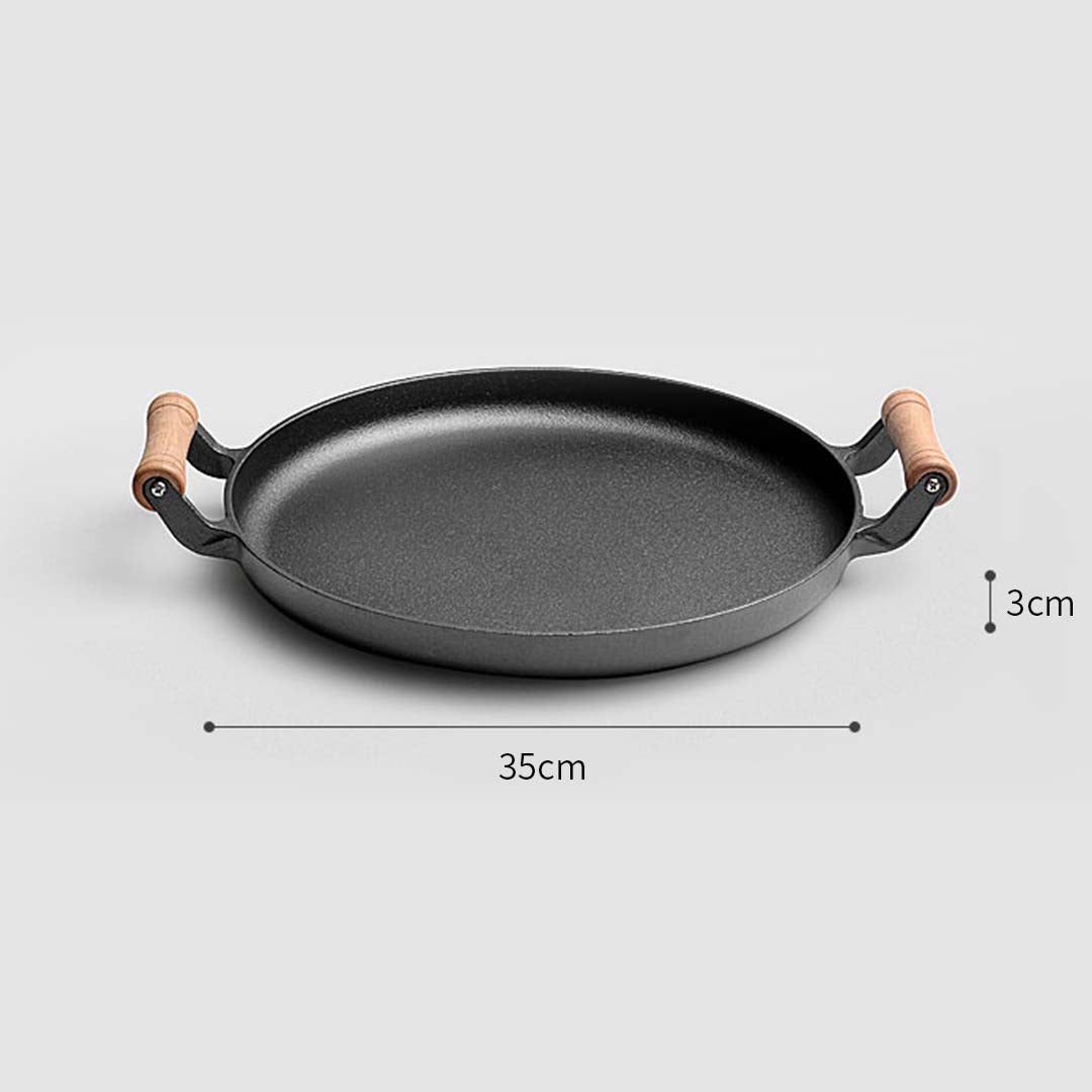 Premium 35cm Cast Iron Frying Pan Skillet Steak Sizzle Fry Platter With Wooden Handle No Lid - image4