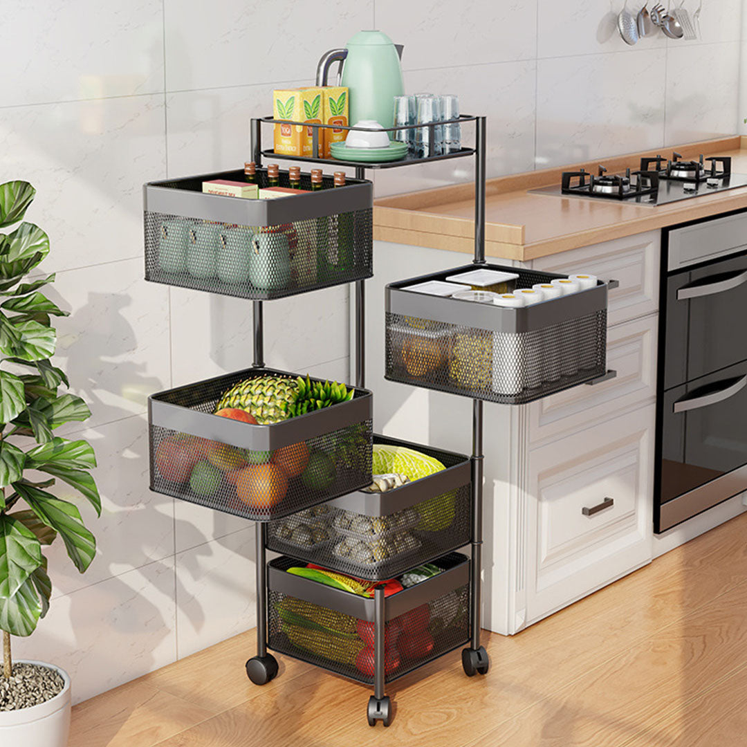 Premium 5 Tier Steel Square Rotating Kitchen Cart Multi-Functional Shelves Portable Storage Organizer with Wheels - image4