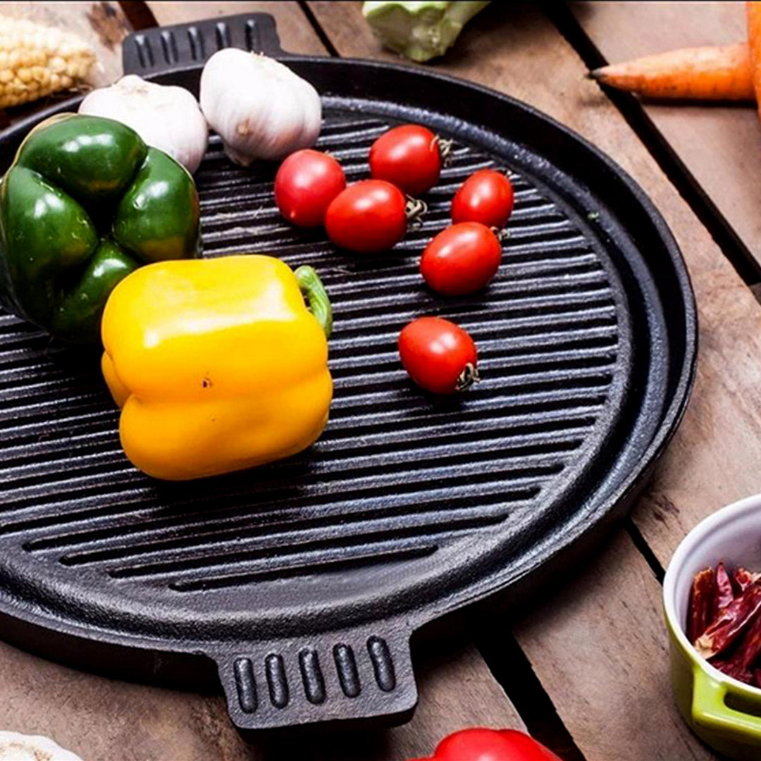 Premium 2X 43cm Round Ribbed Cast Iron Frying Pan Skillet Steak Sizzle Platter with Handle - image4