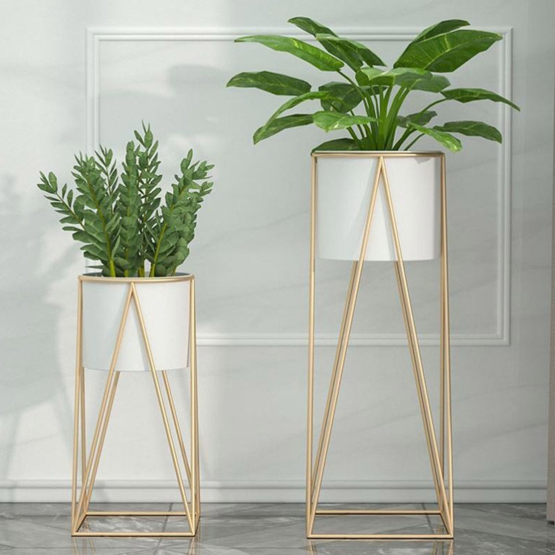 Premium 50cm Gold Metal Plant Stand with White Flower Pot Holder Corner Shelving Rack Indoor Display - image4