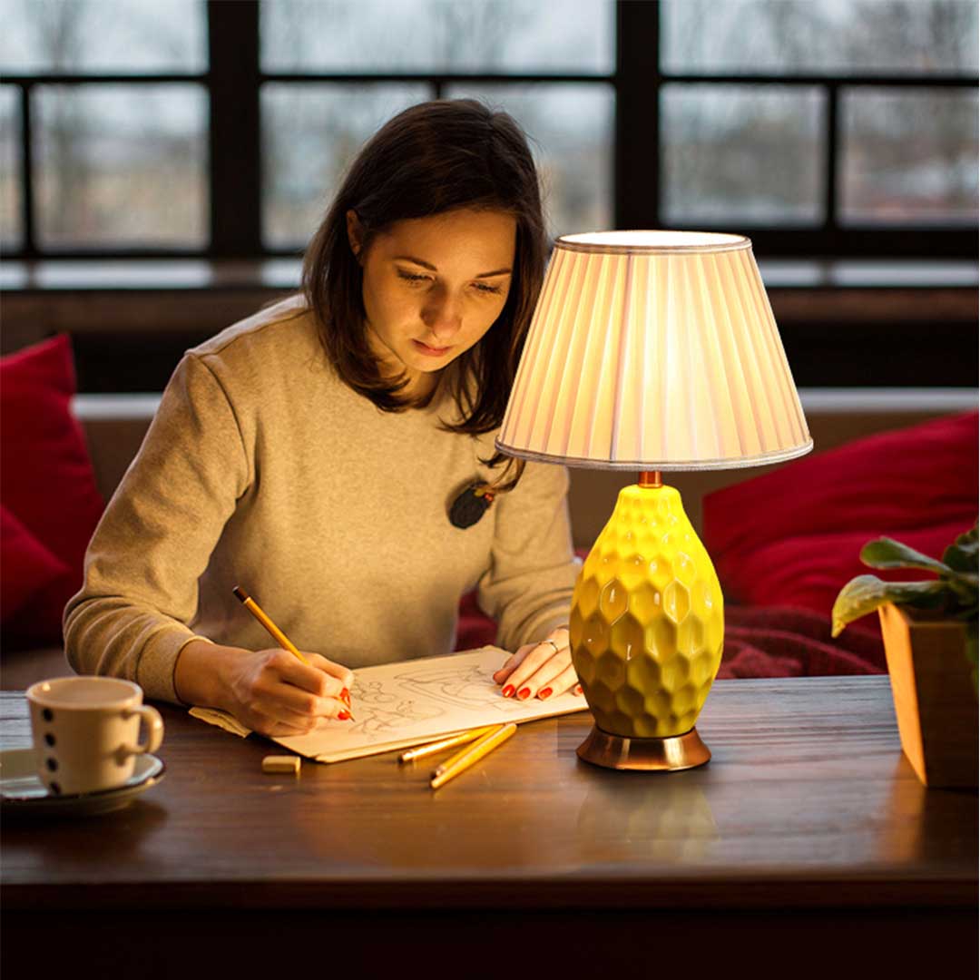 Premium Textured Ceramic Oval Table Lamp with Gold Metal Base Yellow - image4