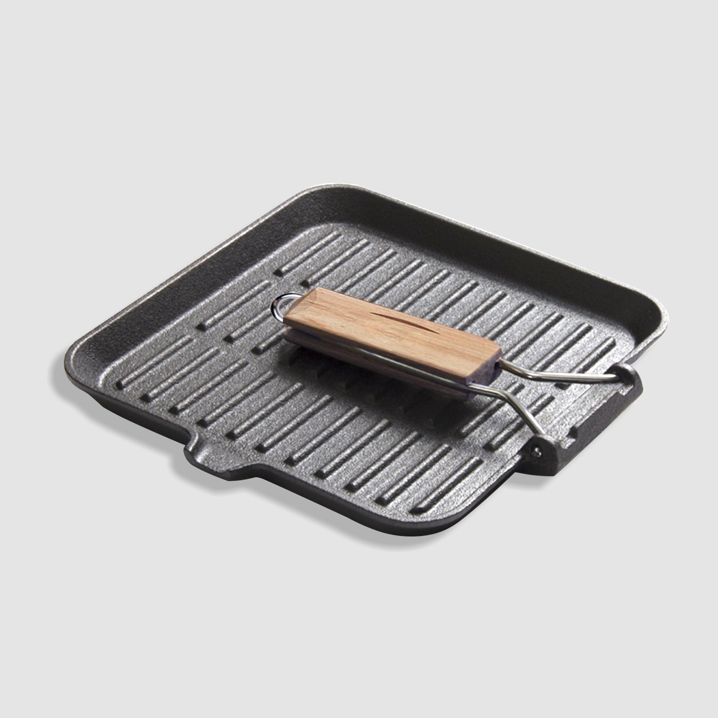 Premium 28cm Ribbed Cast Iron Square Steak Frying Grill Skillet Pan with Folding Wooden Handle - image4