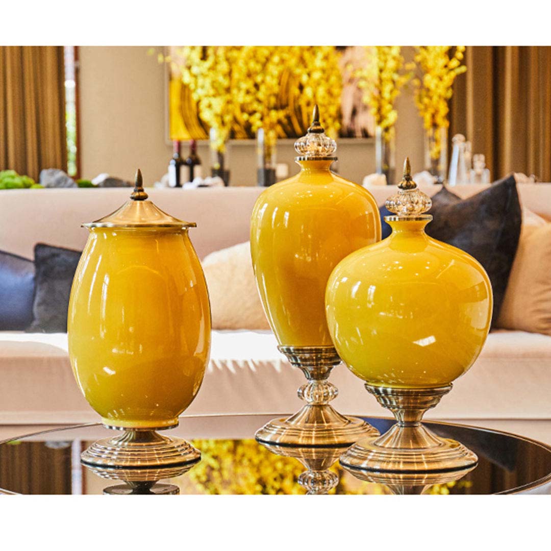 Premium 2x 38cm Ceramic Oval Flower Vase with Gold Metal Base Yellow - image4