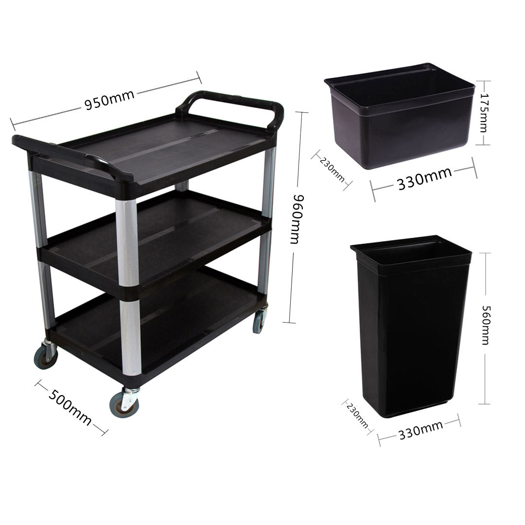 Premium 3 Tier Food Trolley Food Waste Cart With Two Bins Storage Kitchen Black Large - image4