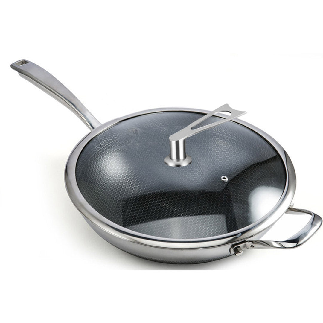 Premium 34cm Stainless Steel Tri-Ply Frying Cooking Fry Pan Textured Non Stick Skillet with Glass Lid and Helper Handle - image4