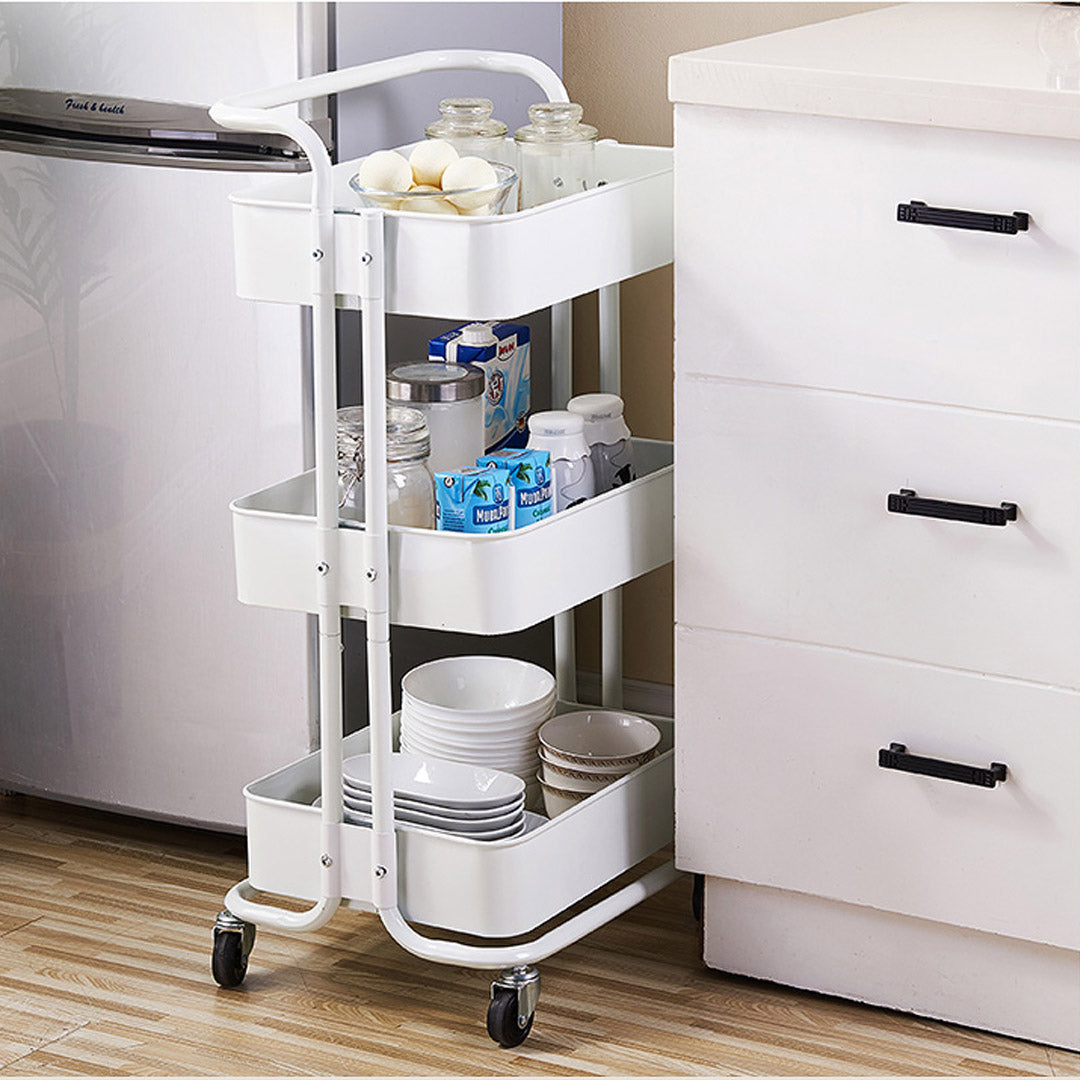 Premium 3 Tier Steel White Movable Kitchen Cart Multi-Functional Shelves Portable Storage Organizer with Wheels - image4