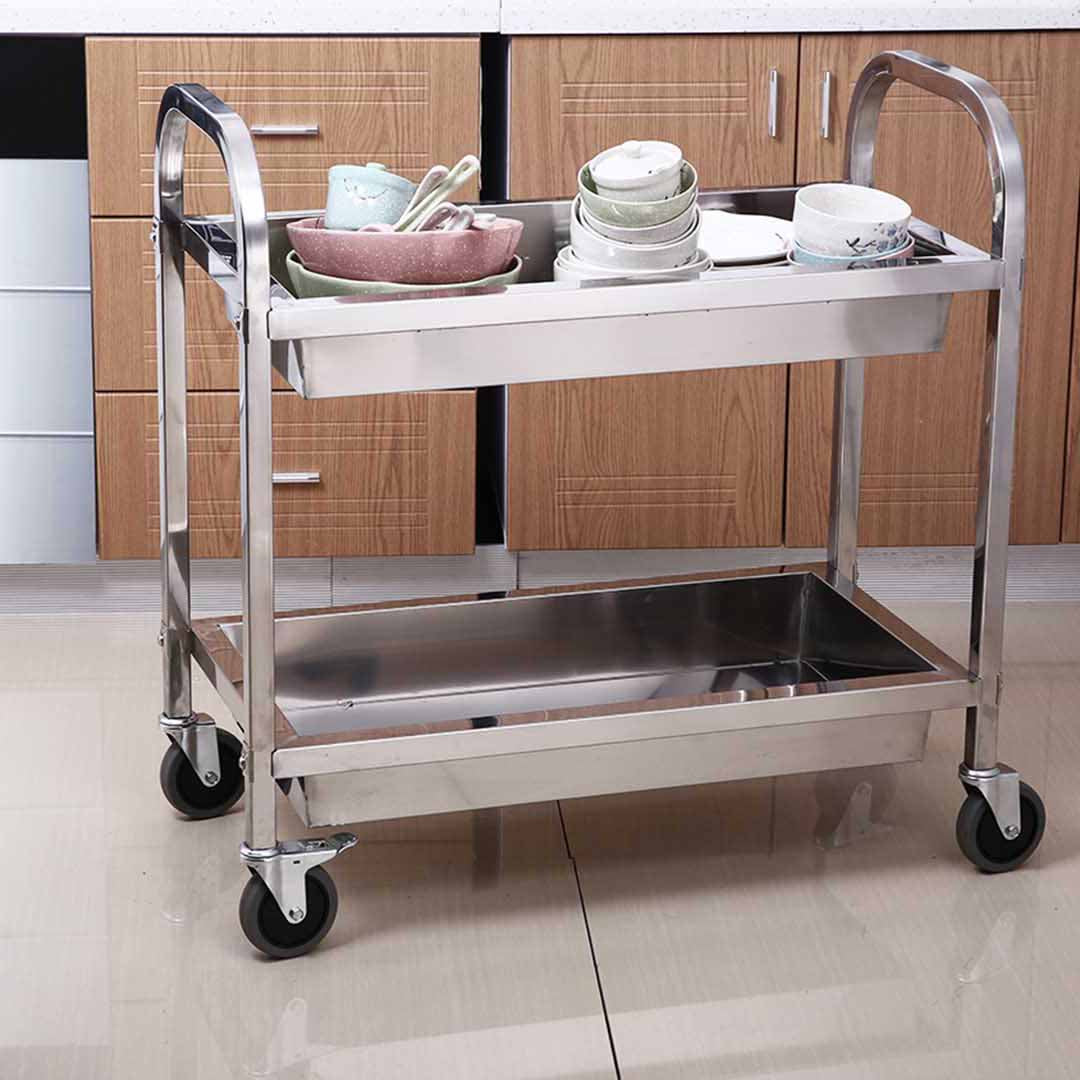 Premium 2 Tier Stainless Steel Kitchen Trolley Bowl Collect Service Food Cart 85x45x90cm Medium - image4