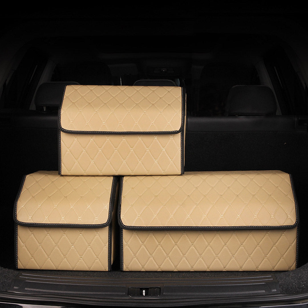 Premium 4X Leather Car Boot Collapsible Foldable Trunk Cargo Organizer Portable Storage Box Beige/Gold Stitch Small - image5