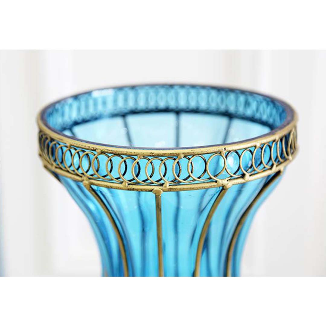 Premium 67cm Blue Glass Tall Floor Vase with Metal Flower Stand - image5