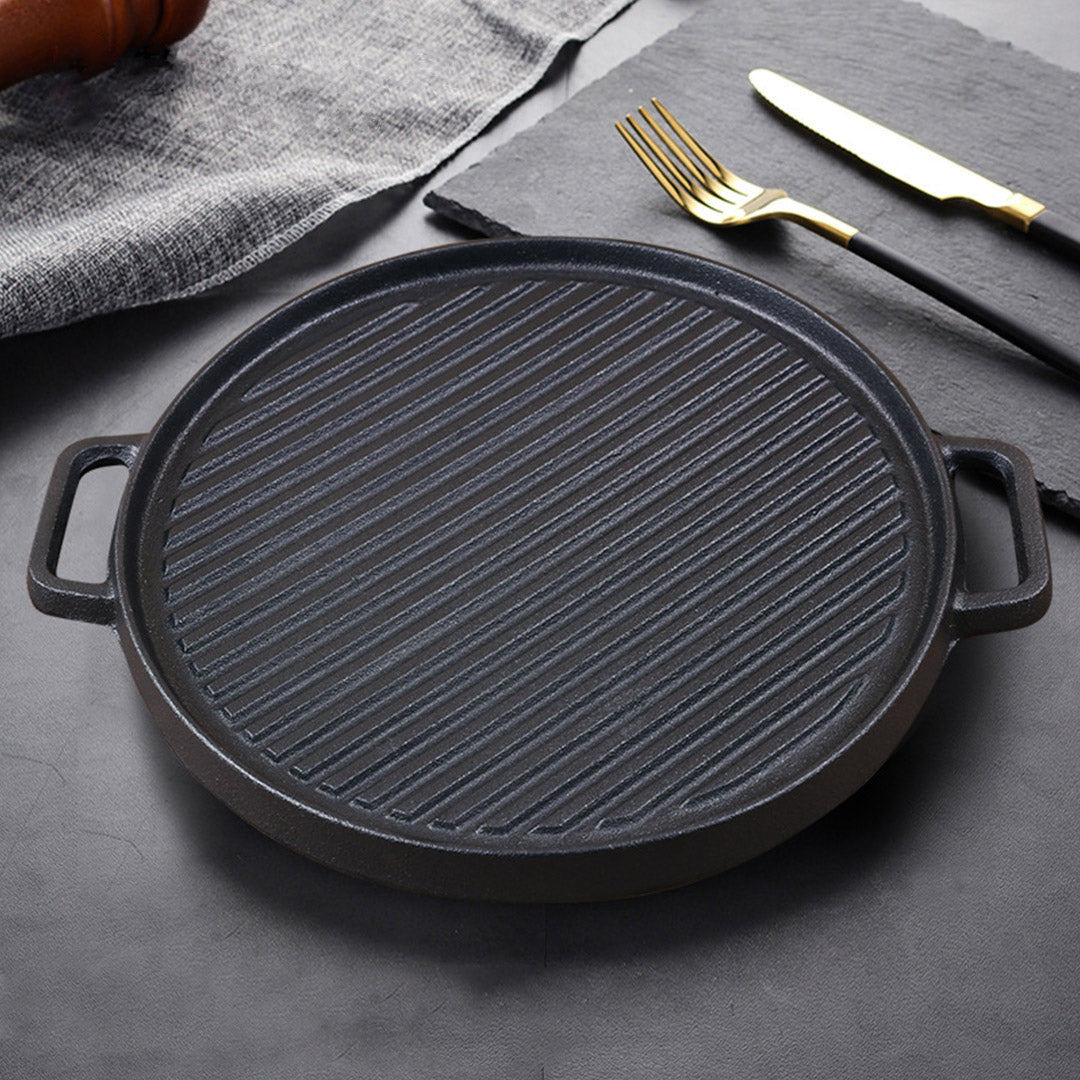 Premium 2X 30cm Round Cast Iron Ribbed BBQ Pan Skillet Steak Sizzle Platter with Handle - image5