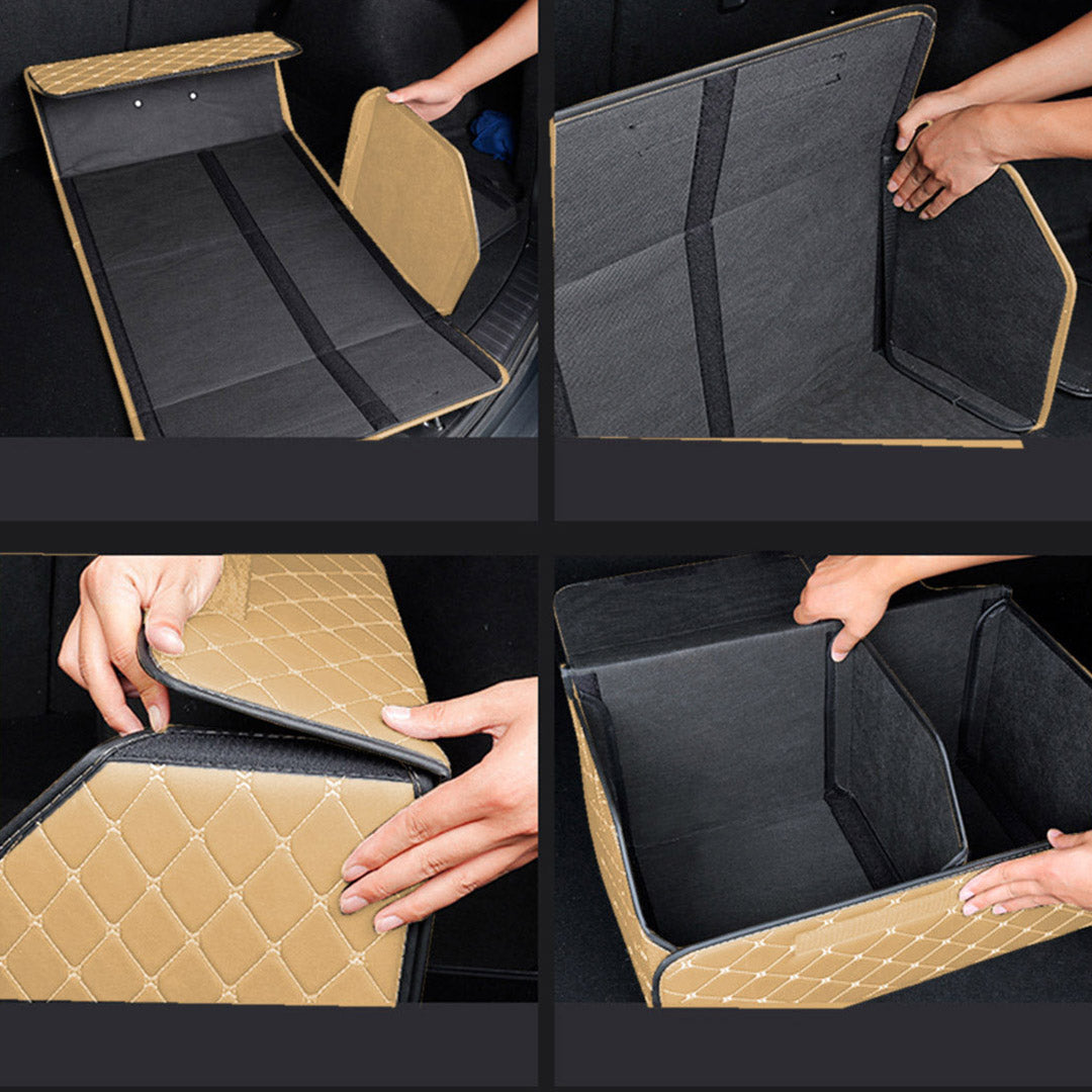 Premium 2X Leather Car Boot Collapsible Foldable Trunk Cargo Organizer Portable Storage Box Beige/Gold Stitch Large - image5