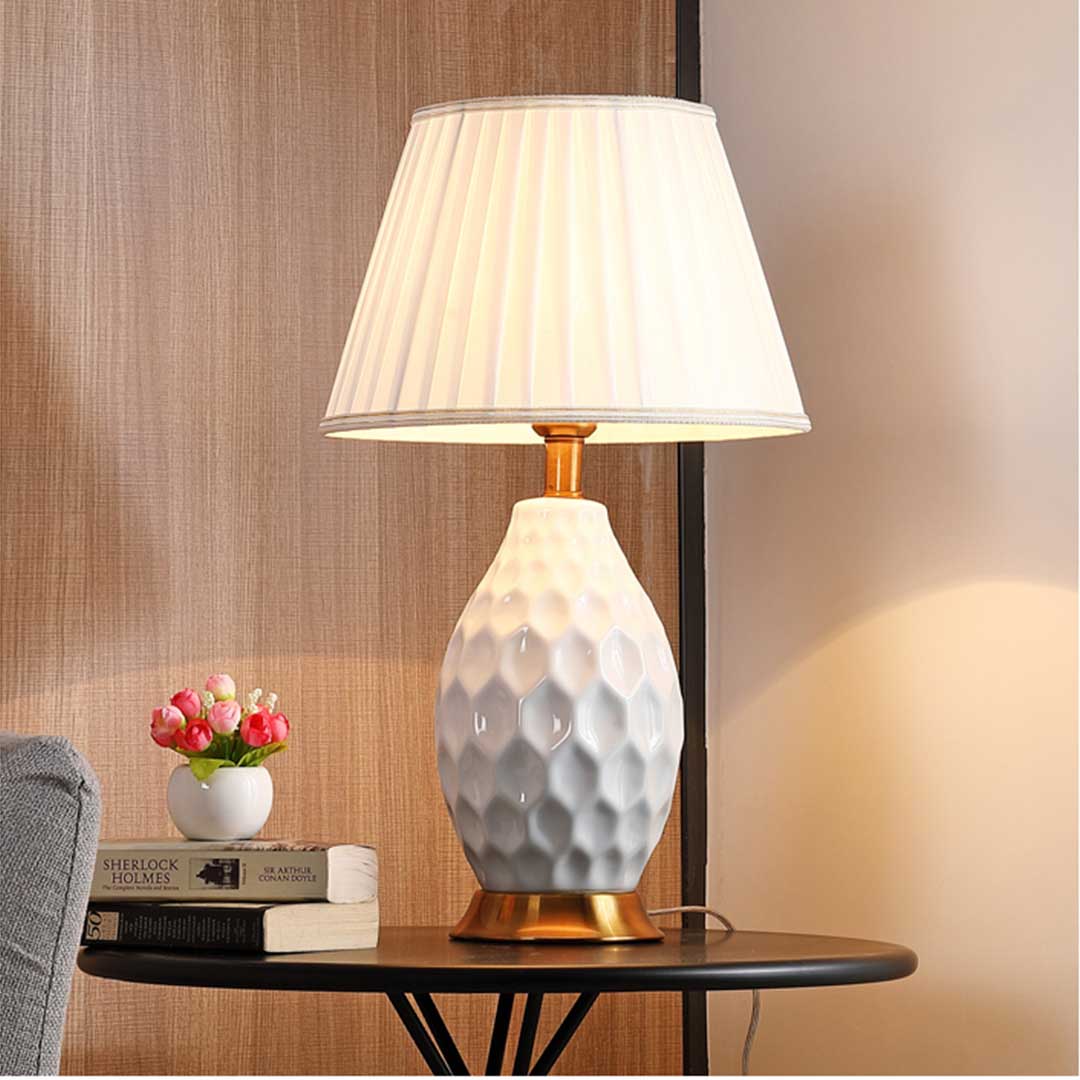 Premium Textured Ceramic Oval Table Lamp with Gold Metal Base White - image5