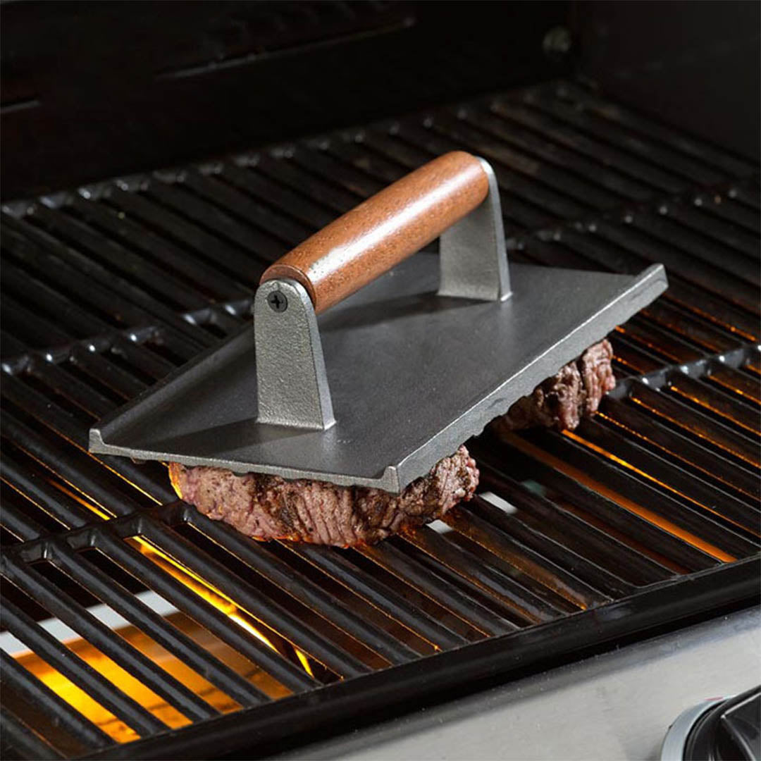 Premium Cast Iron Bacon Meat Steak Press Grill BBQ with Wood Handle Weight Plate - image5
