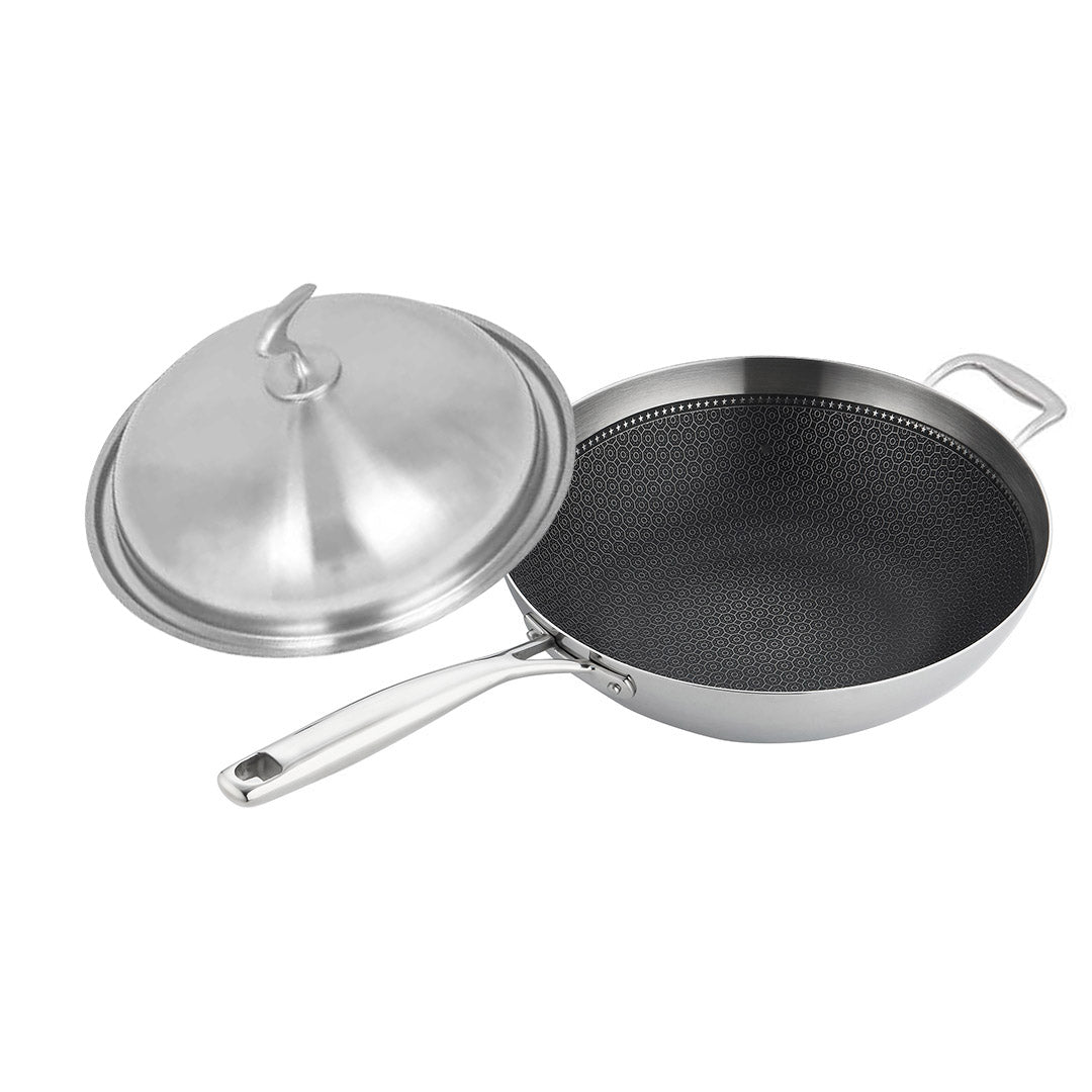 Premium 2X 18/10 Stainless Steel Fry Pan 34cm Frying Pan Top Grade Textured Non Stick Interior Skillet with Helper Handle and Lid - image5