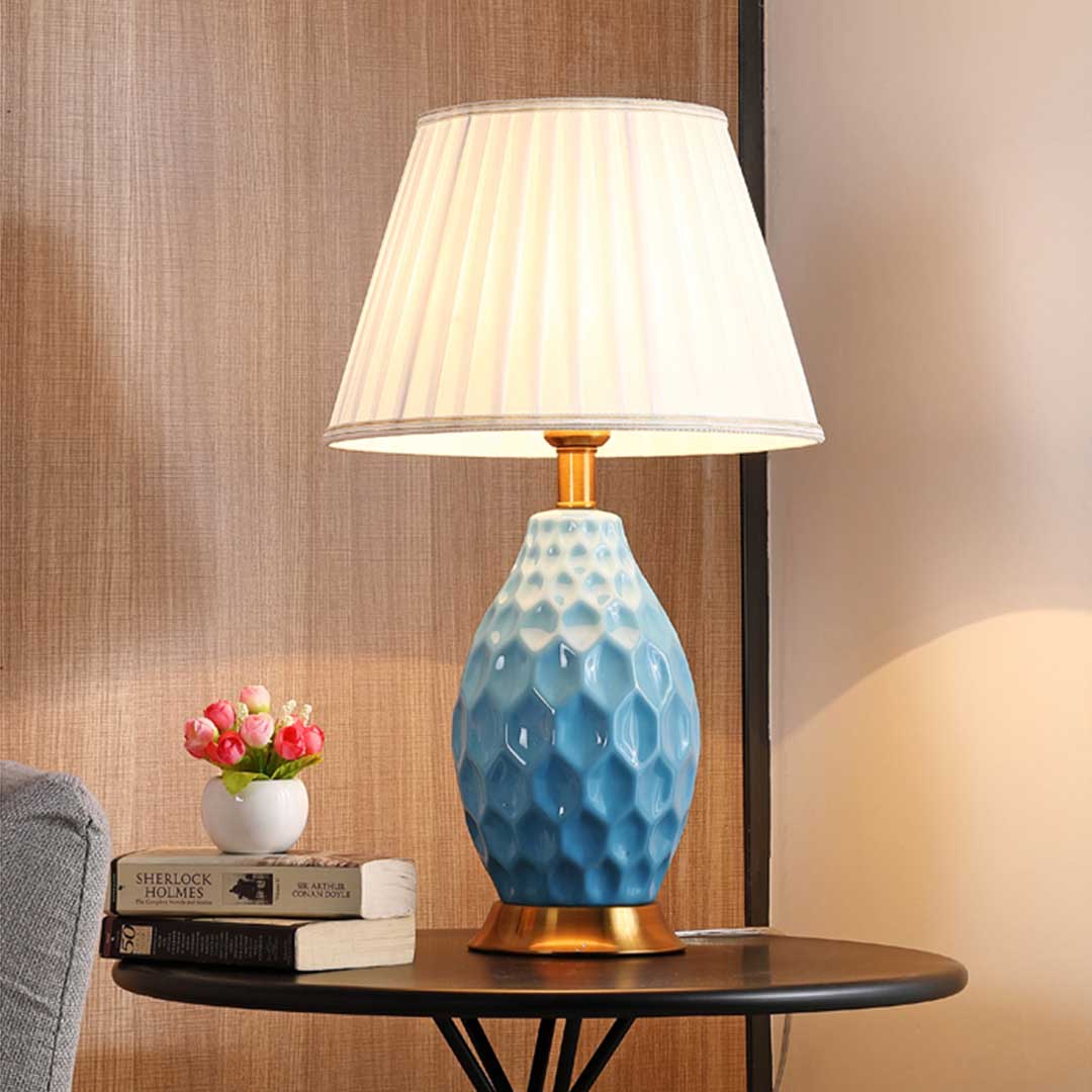 Premium Textured Ceramic Oval Table Lamp with Gold Metal Base Blue - image5