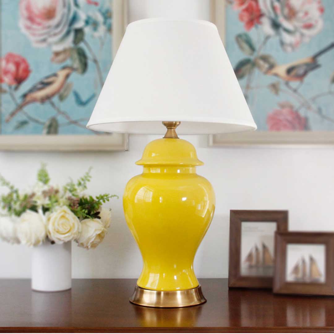 Premium Oval Ceramic Table Lamp with Gold Metal Base Desk Lamp Yellow - image5