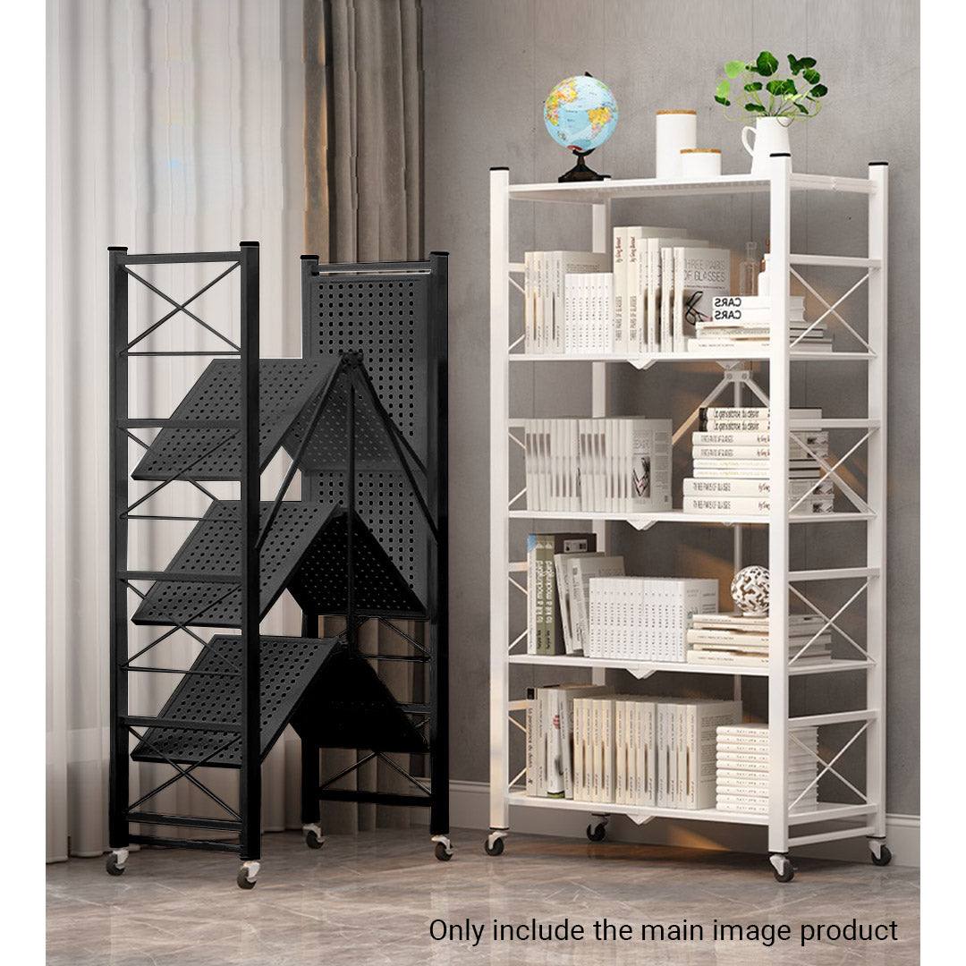 Premium 4 Tier Steel Black Foldable Display Stand Multi-Functional Shelves Portable Storage Organizer with Wheels - image5