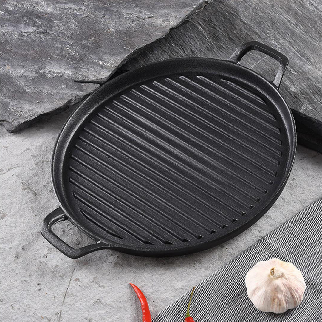 Premium 2X 28cm Ribbed Cast Iron Frying Pan Skillet Coating Steak Sizzle Platter - image6