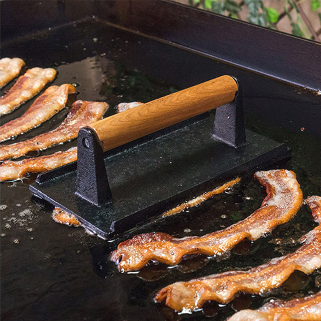 Premium 2X Cast Iron Bacon Meat Steak Press Grill BBQ with Wood Handle Weight Plate - image6