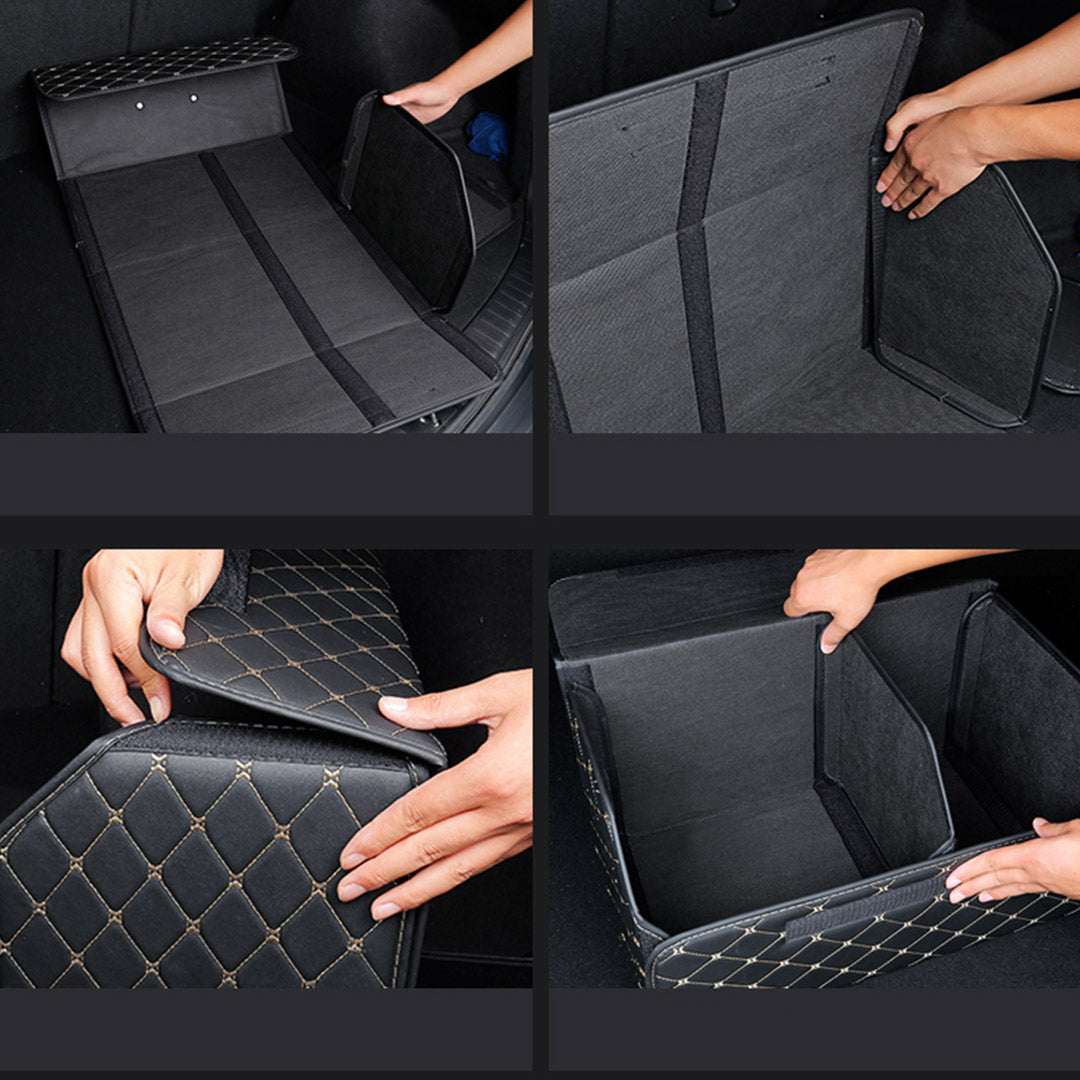 Premium Leather Car Boot Collapsible Foldable Trunk Cargo Organizer Portable Storage Box Black/Gold Stitch Large - image6