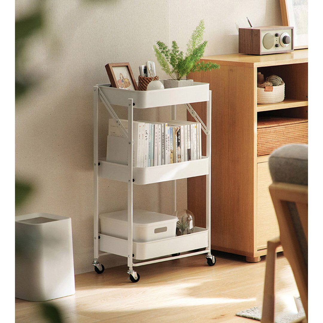 Premium 3 Tier Steel White Foldable Kitchen Cart Multi-Functional Shelves Portable Storage Organizer with Wheels - image6