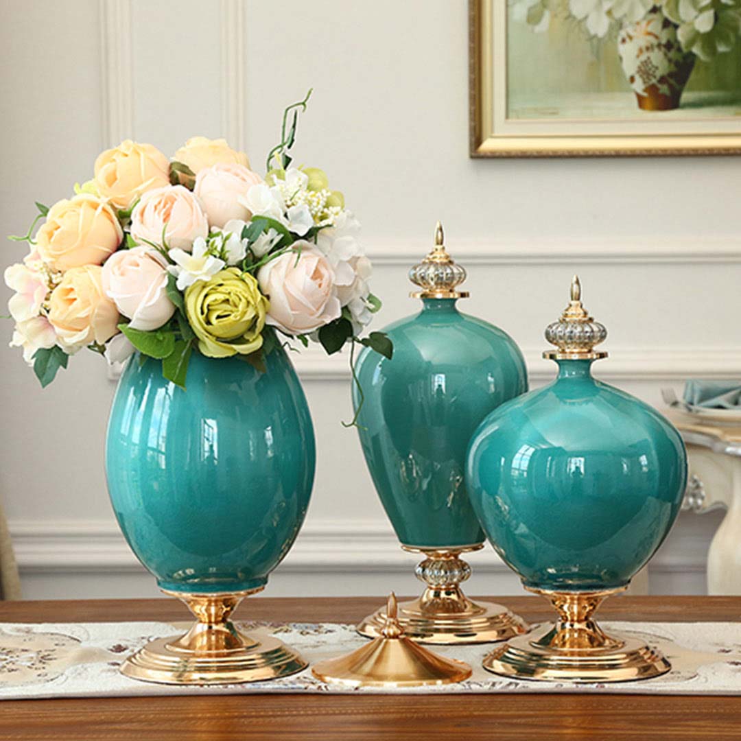 Premium 2x 38cm Ceramic Oval Flower Vase with Gold Metal Base Green - image6