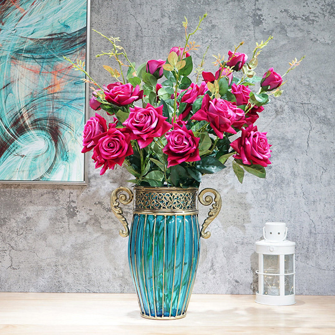 Premium Blue Colored Glass Flower Vase with 8 Bunch 5 Heads Artificial Fake Silk Rose Home Decor Set - image6