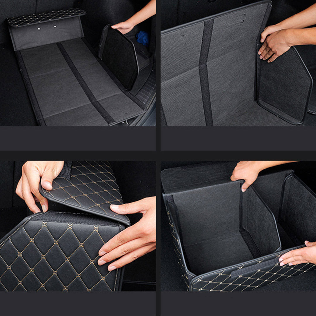 Premium 4X Leather Car Boot Collapsible Foldable Trunk Cargo Organizer Portable Storage Box Black/Gold Stitch Large - image6