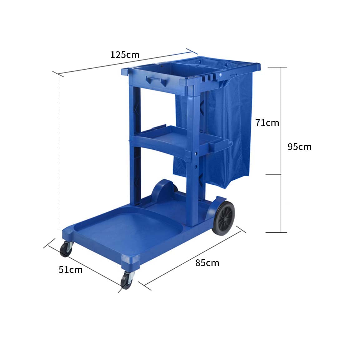 Premium 2X 3 Tier Multifunction Janitor Cleaning Waste Cart Trolley and Waterproof Bag Blue - image6