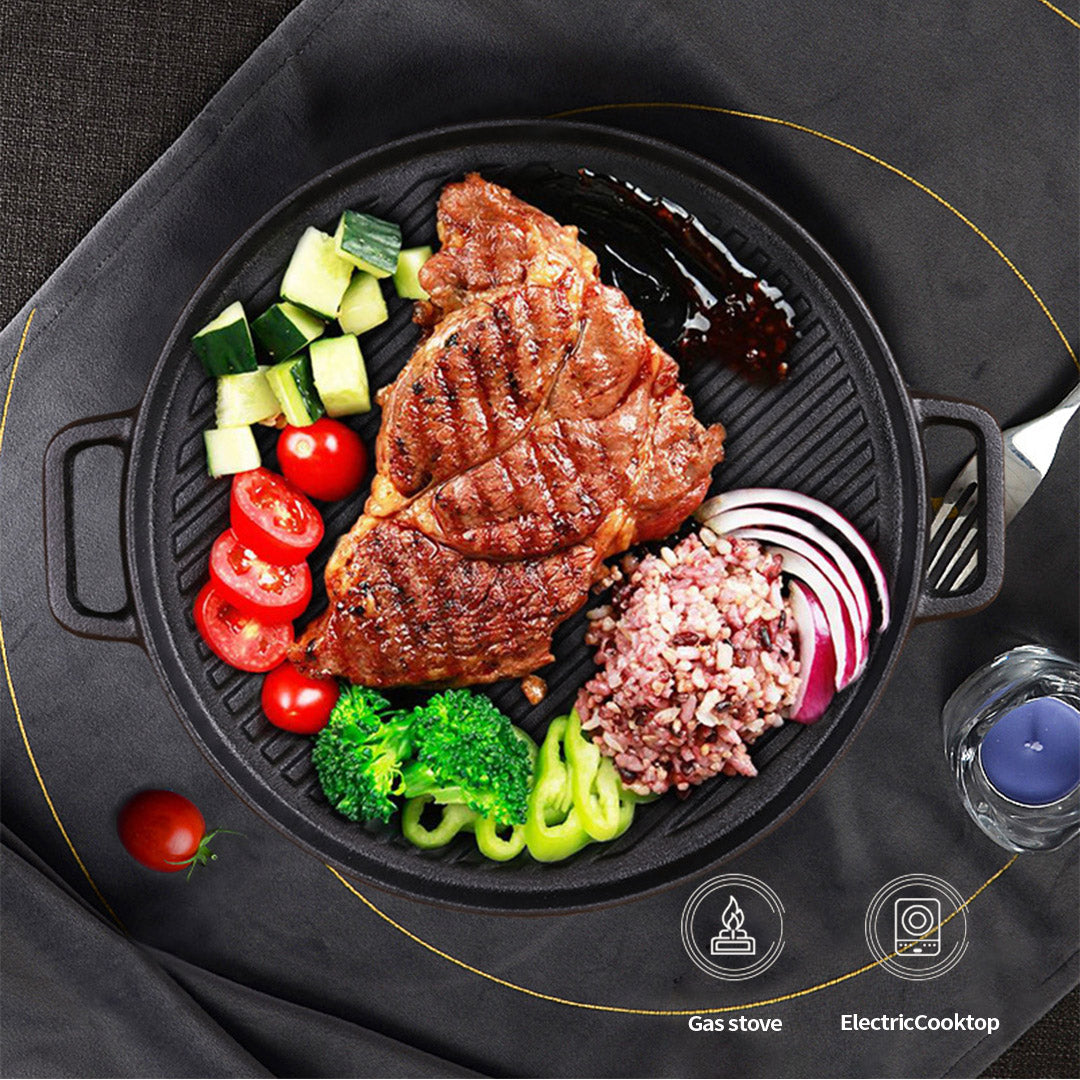 Premium 30cm Round Cast Iron Ribbed BBQ Pan Skillet Steak Sizzle Platter with Handle - image6