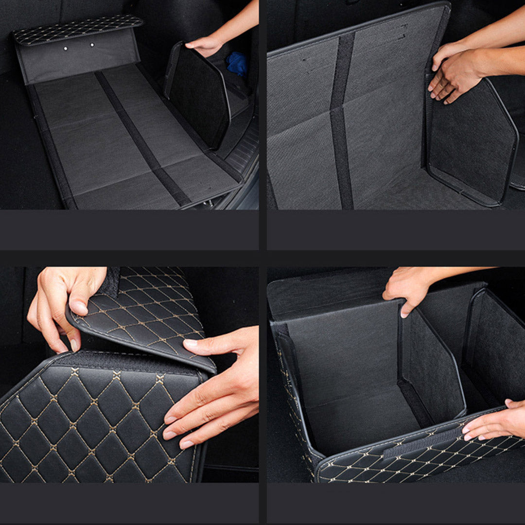 Premium 2X Leather Car Boot Collapsible Foldable Trunk Cargo Organizer Portable Storage Box Black/Gold Stitch Medium - image6