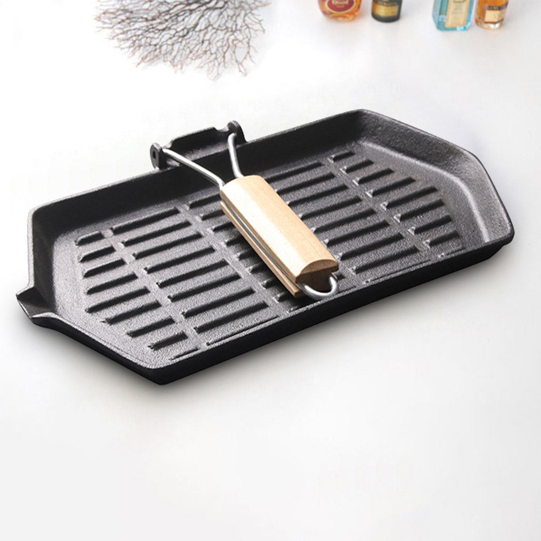 Premium 2X Rectangular Cast Iron Griddle Grill Frying Pan with Folding Wooden Handle - image6