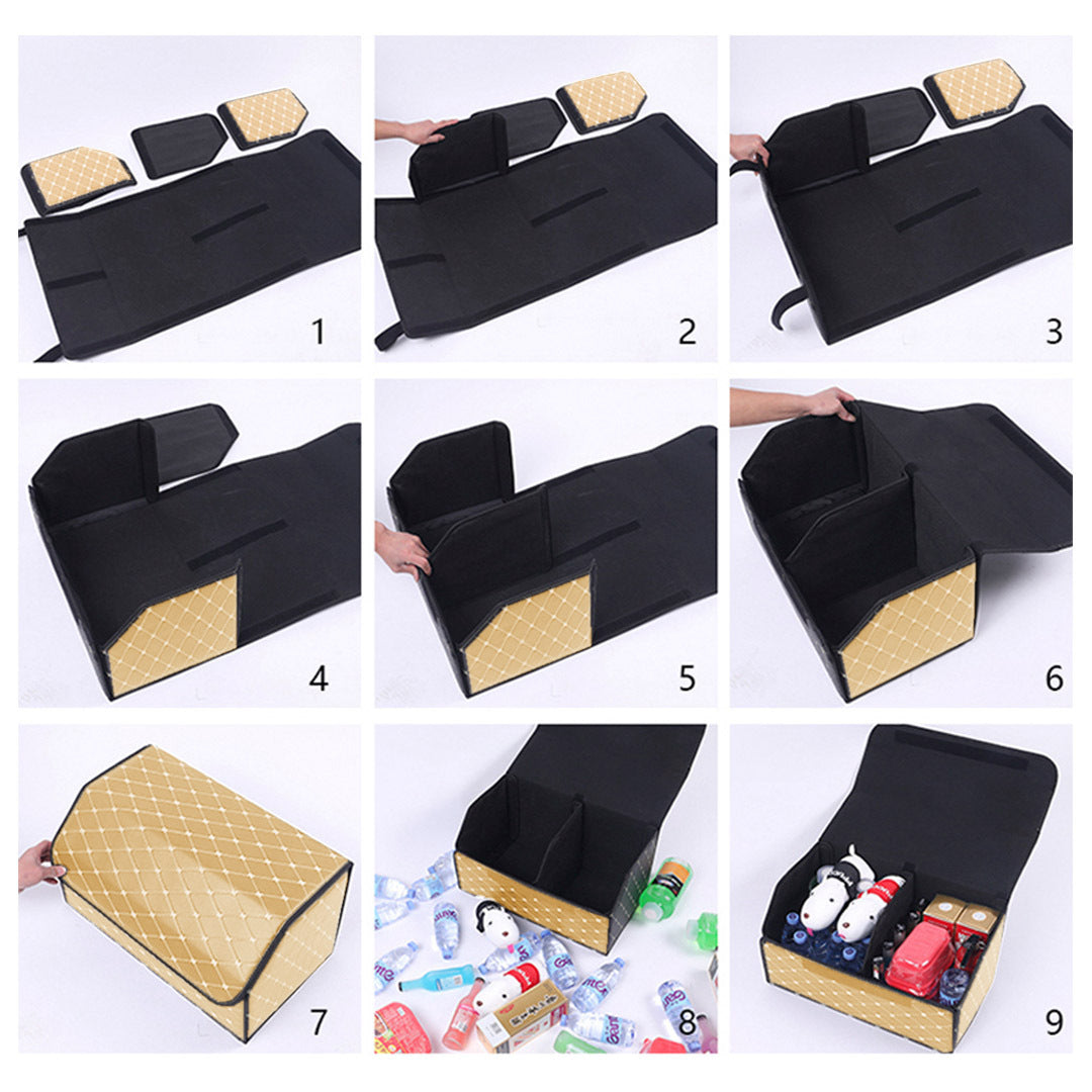 Premium 2X Leather Car Boot Collapsible Foldable Trunk Cargo Organizer Portable Storage Box Beige/Gold Stitch Medium - image7