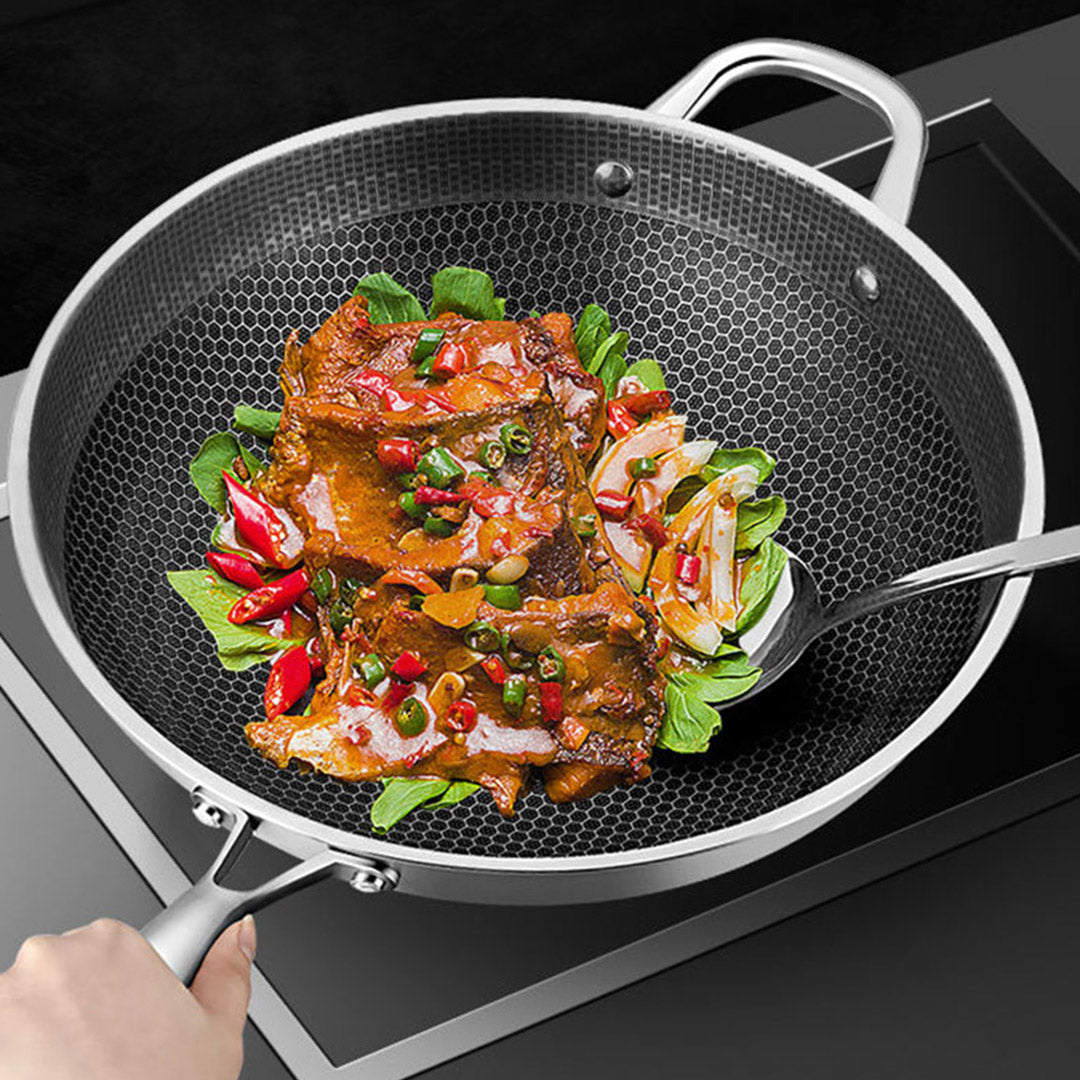 Premium 32cm Stainless Steel Tri-Ply Frying Cooking Fry Pan Textured Non Stick Interior Skillet with Glass Lid - image7