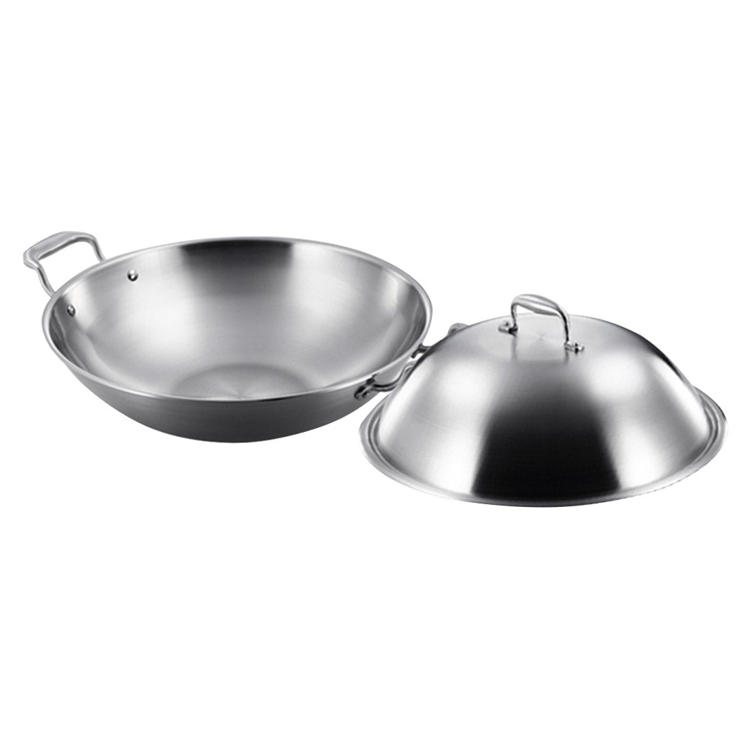 Premium 2X 3-Ply 42cm Stainless Steel Double Handle Wok Frying Fry Pan Skillet with Lid - image7