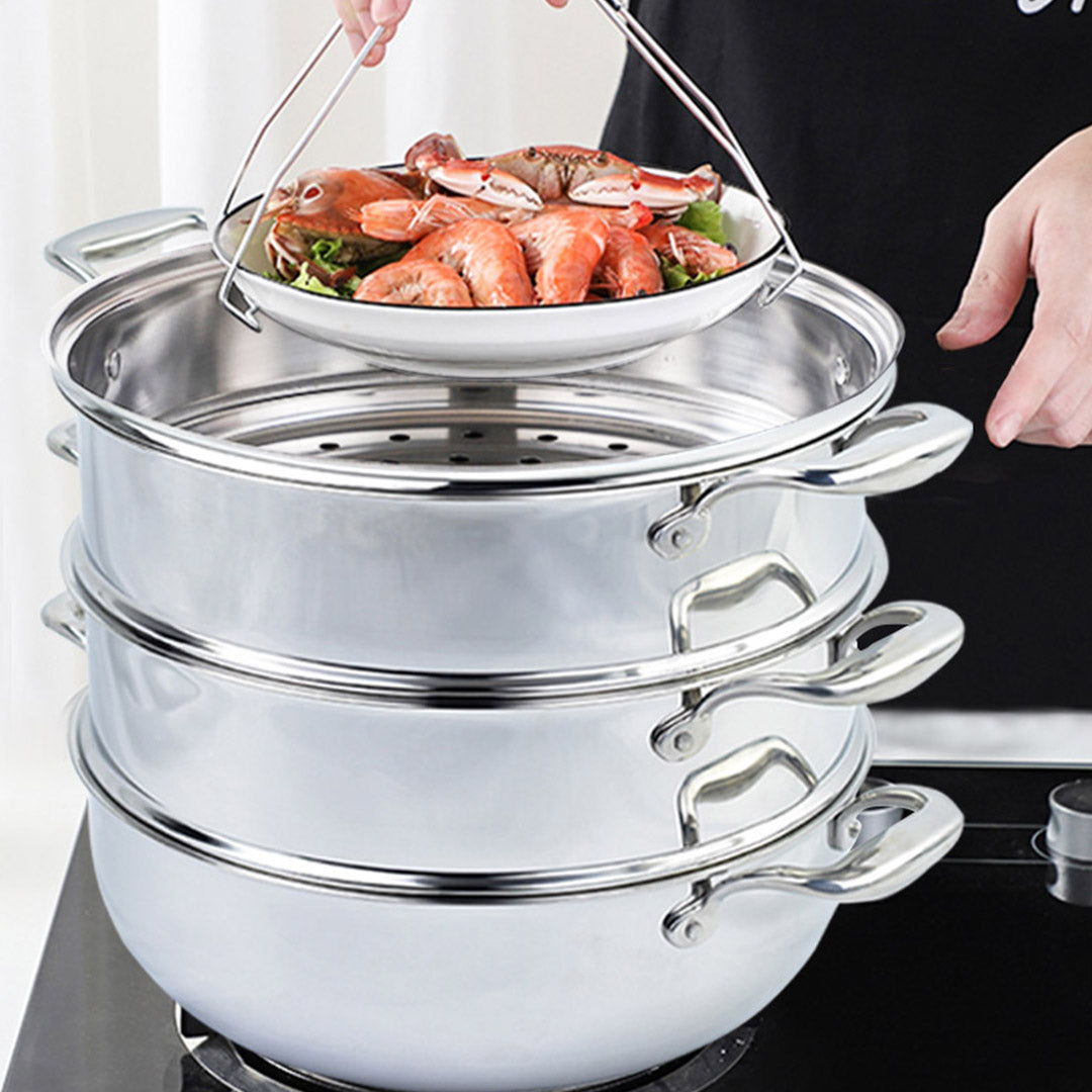 Premium 3 Tier 30cm Heavy Duty Stainless Steel Food Steamer Vegetable Pot Stackable Pan Insert with Glass Lid - image7